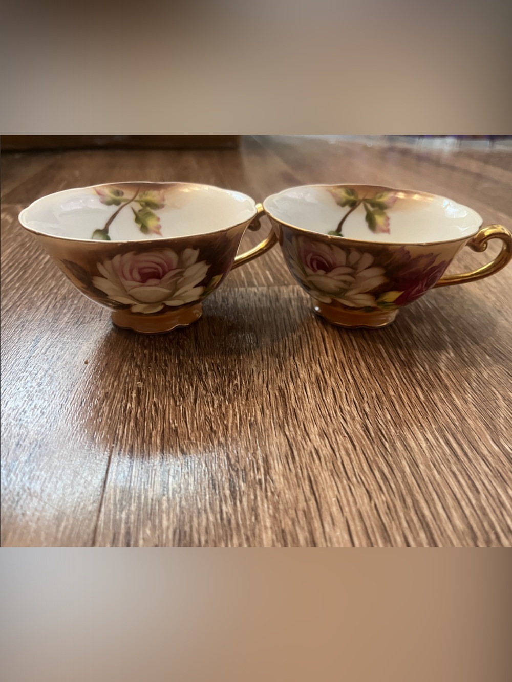 Floral Porcelain Tea Cup Pair with Gold Trim - Pink & Brown